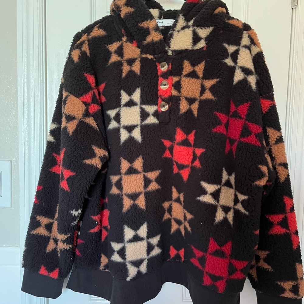 Sonoma Black Sweater with Red and Tan Star Patterns